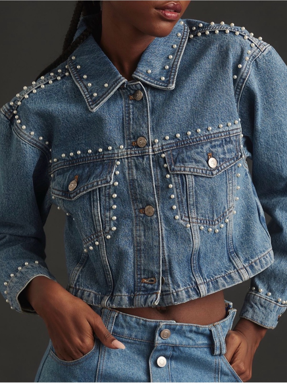 Anthropologie Pearl-Embellished Cropped Denim Jacket - Blue